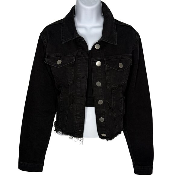 VIP Jeans Black Cropped Denim Jacket | Distressed Hem | Casual SZ: XL - Picture 1 of 5